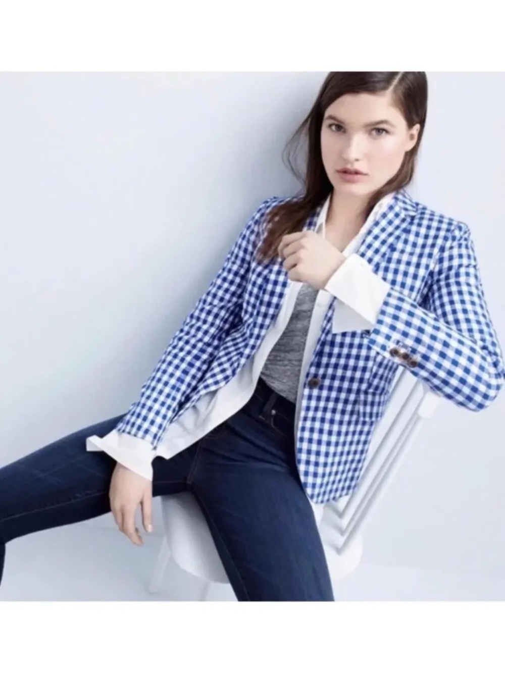 J.Crew Schoolboy Blazer Blue White Gingham Linen Blend Women's Size 0